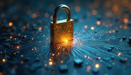 Fototapete - Cybersecurity concept features lock on circuit board backdrop. Data safety image digital protection in healthcare, insurance, online services. Security abstract background with digital cyberspace,