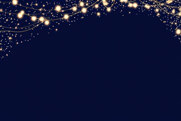 Fototapete - Elegant holiday illumination with sparkling string lights in warm tones, delicately arranged over a rich dark blue backdrop