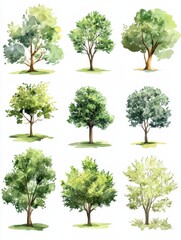 set of watercolor green tree isolated on white background for landscape and architecture drawing, el