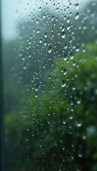 Leinwandbilder - Raindrops cling to windowpane on rainy day. Water droplets on glass with blurry green tree background. Refreshing nature scene. Freshness, renewal concept. Wet surface, condensation, moisture