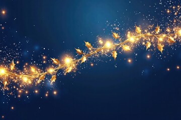 Leinwandbilder - Warm golden Christmas garland lights softly glowing, creating a dreamy bokeh effect over a deep blue background