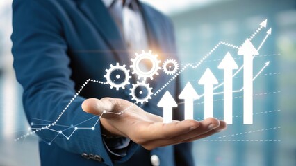 Poster - Growth in Hand: A person holding out their hand with business graphic of arrows pointing up and cogwheels, symbolizing growth, strategy, progress, and success. 