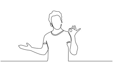 Aufkleber - Continuous one line drawing man in casual clothes gesturing ok sign, Business man showing ok hand sign. Continuous line drawing. One line drawing.