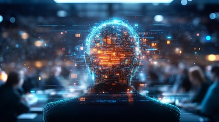 Fototapete - Digital representation of a human silhouette with animated data elements in a conference setting
