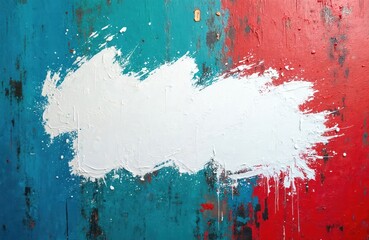 Poster - Closeup of grunge urban wall texture with white paint stroke. Teal blue red colors. Modern artistic pattern for design. Creative city background. Messy street style backdrop with copyspace.