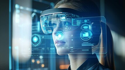 Poster - Immersive Future: A woman wearing futuristic augmented reality glasses, interacting with holographic interfaces. This image captures the cutting-edge technology and the visionary potential.