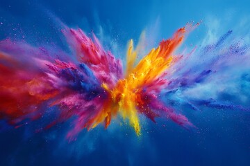 Poster - Colorful powder exploding creating a vibrant cloud of colors against a blue sky