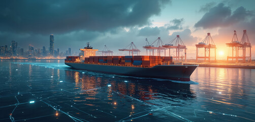 Aufkleber - Cargo ship loaded with containers sails ocean connected with digital network. Global logistic sea transportation, import export worldwide. Commercial freight shipping delivery service. Maritime