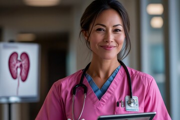 Poster - Nephrologist doctor holding tablet smiling in hospital corridor