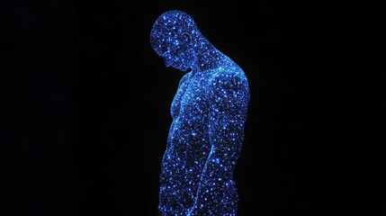 Poster - A digital artwork shows a man standing, made up of glowing blue dots. It's a modern and abstract way to represent the human body, and it could be used for science or medical topics.