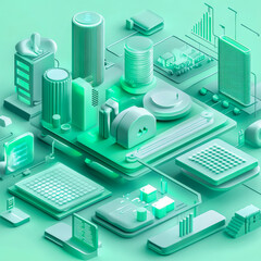 Poster - Isometric futuristic data center in mint green, depicting a digital cityscape with cloud computing, servers, and glowing connections. Symbolizing AI, big data, and modern technology infrastructure.