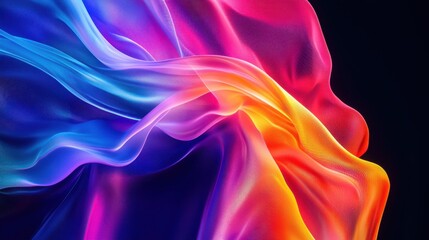 Poster - Abstract background with asymmetrical glowing translucent rainbow colours wave on black backdrop
