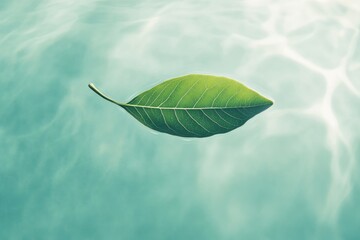 Fototapete - fresh green leaf floating on surface of pure water its veins illuminated by soft lighting