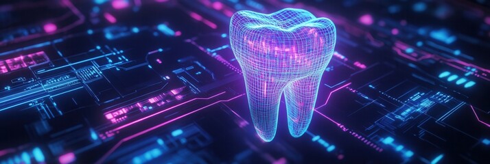 Aufkleber - Futuristic neon blue and purple wireframe dental implant floating in a dark high-tech interface with glowing digital elements