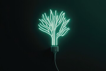 Poster - glowing neon circuit board shaped like tree symbolizing sustainable technology and green energy