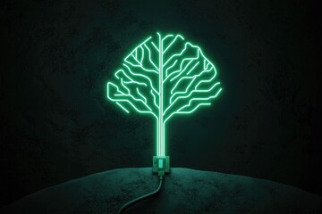 Poster - glowing neon circuit board shaped like tree symbolizing sustainable technology and green energy