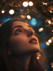 Wall Mural - Woman looks up at Christmas lights