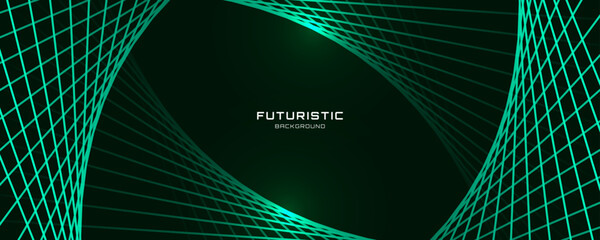 Poster - 3D green lines techno abstract background overlap layer on dark space with waves effect decoration. Modern graphic design element stripes style concept for web, poster, flyer, card, or brochure cover
