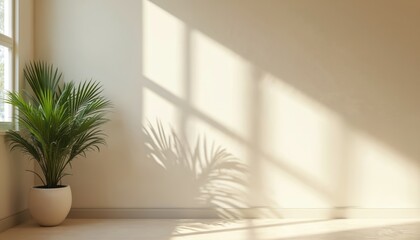 Poster - Green houseplant in pot casts palm shadow on white wall. Sunlight through window. Minimalist design. Natural light play home interior design. Eco style living room decor.