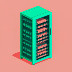 Poster - Isometric Illustration of a Data Server Rack with Colorful Accents,A modern isometric rendering showcasing a data server rack in a stylized artistic style.