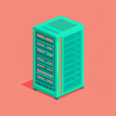 Poster - A contemporary server rack depicted in a vibrant and minimalist design, showcasing advanced technology and digital progression in a modern setting.