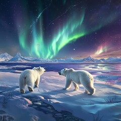 shimmering aurora illuminating polar bears walking on snowy tundra