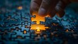 © InfinityVisuals - Person placing final glowing puzzle piece completing jigsaw puzzle symbolizing solution discovery, problem solving strategy, teamwork completion, and business challenge achievement in low light