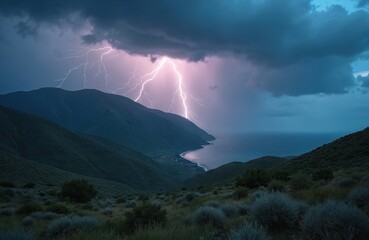 Poster - Thunderstorm with lightnings in mountains near sea at night. Dark stormy sky, electricity bolts strike dramatically. Natural disaster, stormy weather, ecology power, alternative energy, environmental