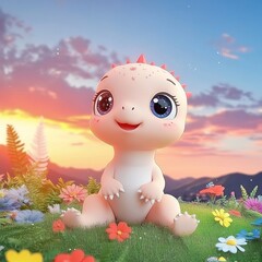 Aufkleber - Cute dinosaur with big eyes and a friendly smile

