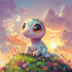 Aufkleber - Cute dinosaur with big eyes and a friendly smile

