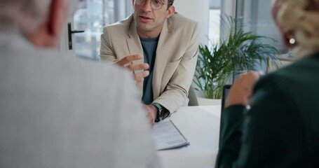 Aufkleber - Discussion, office consultant and business people with documents for feedback, negotiation and meeting. Laptop, corporate and men with woman for statistics report, proposal and financial planning