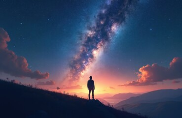 Silhouette of man standing on hill embraces cosmic landscape. Lone traveler in milky way under starry night sky. Adventure journey to galaxy on mountain peak.