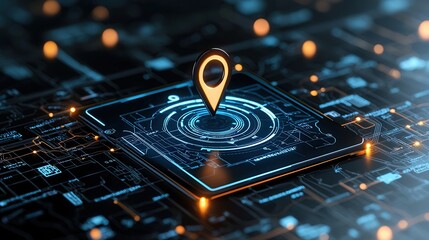 Poster - Close up view of a digital navigation pin placed on a futuristic high tech landscape symbolizing the advancement of technology and its role in modern navigation systems