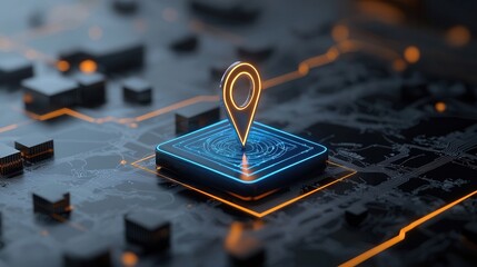 Poster - This image depicts a close up view of a futuristic navigation marker or pin displayed on a digital interface or map  The marker is highlighted with a glowing neon like effect