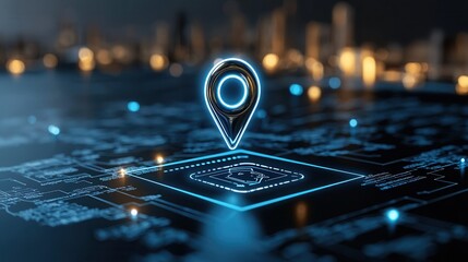 Poster - A striking digital visualization of a high tech location marker set against a complex interconnected network of data and technology representing the advancements in navigation mapping