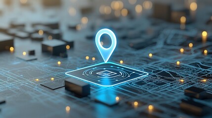 Fototapete - This image depicts a close up view of a navigation pin or marker radiating a soft glowing blue light  The pin is set against a futuristic