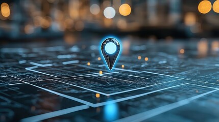 Fototapete - A detailed close up view of a digital navigation pin emitting a soft radiant blue light highlighting the futuristic and technological aspects of modern mapping and location based systems