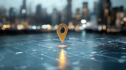 Poster - Close up view of a navigation pin precisely positioned on a detailed map of a bustling urban skyline providing directional guidance and location insights