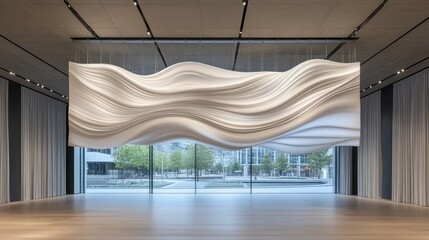 Poster - Silver ribbons crafted from thin metal sheets hang gracefully in an art gallery, showcasing beautiful shapes against a white wall