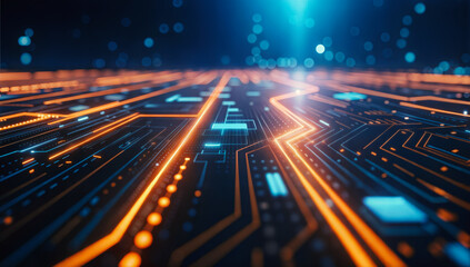 Leinwandbilder - A futuristic abstract part of motherboard circuit with a focus on lines and glowing lights. Close-up technology illustration with depth of field lens effects. A movement and high speed of technology 