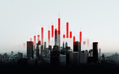 Fototapete - Red Bar Graph Over City Skyline at Sunrise