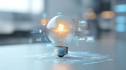 Poster - A glowing illuminated lightbulb is centrally positioned on a clean white background symbolizing innovation creativity and the power of ideas