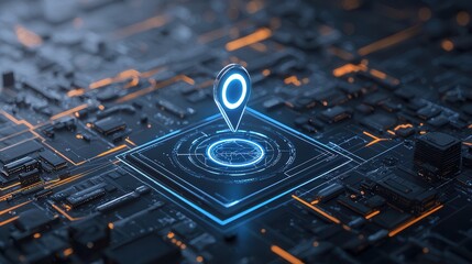 Poster - A crisp shot of a precise digital location marker on a complex technological interface representing navigation tracking and global connectivity systems