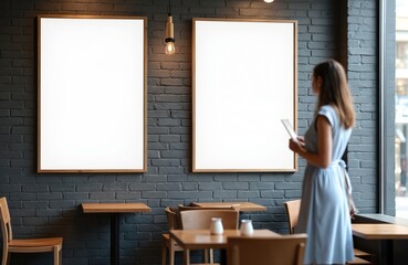 Poster - Advertising panel mockup in bar restaurant. Woman in blue dress reviews menu. Modern interior, brick wall, wooden furniture. Empty white billboards for announcement, commercial ads. Restaurant