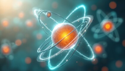 Poster - Conceptual visualization of atomic structure with electrons orbiting nucleus, representing quantum mechanics concepts. Bright orange nucleus with electron cloud, energy rays. Scientific educational