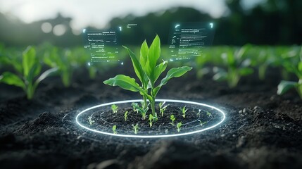 Poster - digital farming concept showcasing corn seedlings in a futuristic technology driven agricultural set