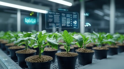 Poster - this image depicts a futuristic indoor farming scene showcasing a controlled environment with young 