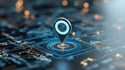 Poster - A digital location pin glowing over a sleek futuristic world map representing advanced global navigation geolocation and data connectivity technologies