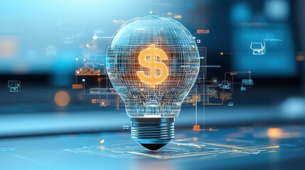 Poster - A digital glass light bulb encapsulating a dollar sign symbolizing the fusion of finance investment and cutting edge technology that drives the future of the global economy
