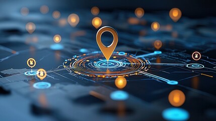 Poster - A digital representation of a glowing location pin hovering over a detailed sleek world map symbolizing advanced navigation and spatial data technology